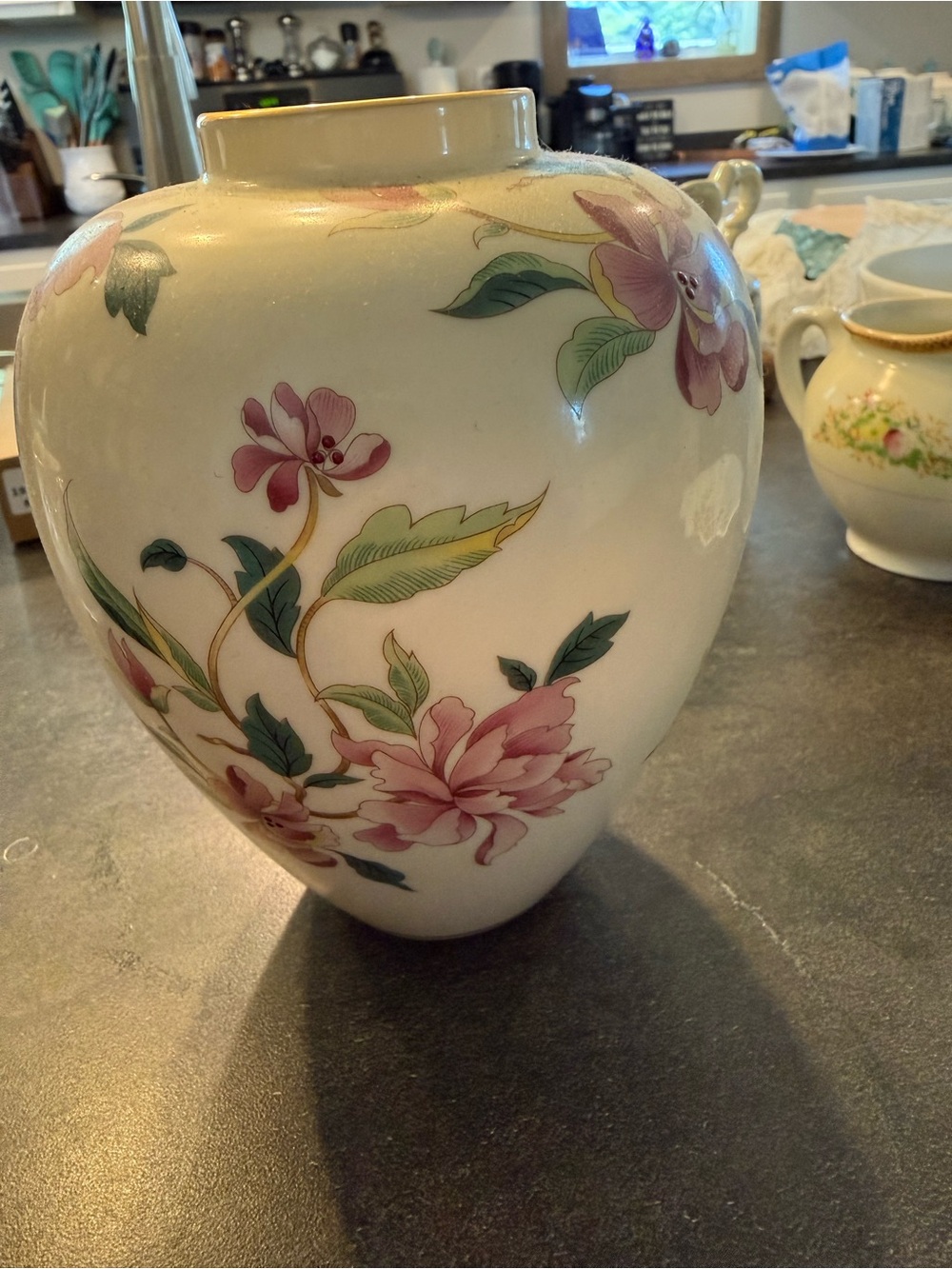 Lenox Vase Barrington collection Pink Floral and Green Leaves and Gold Trim